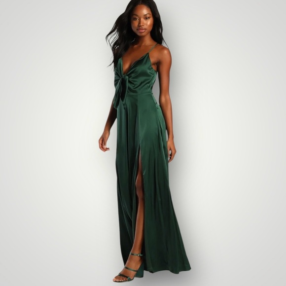 Lulus Dresses & Skirts - Lulus emerald green satin front tie maxi dress